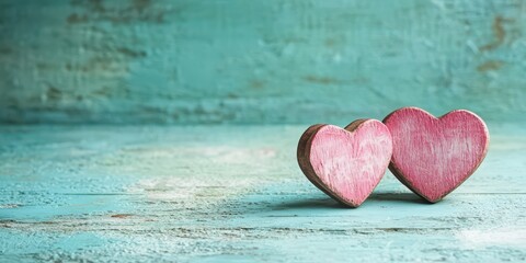Fototapeta premium Pink Wooden Hearts on Teal Background for Valentines Day