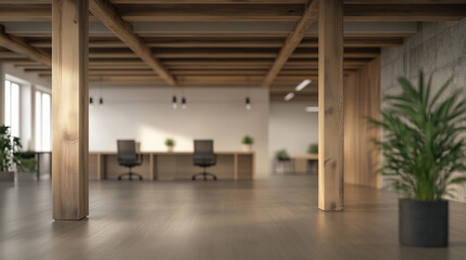 Industrial office interior with ceiling beams, warm lighting creating a soft blur on desks and chairs in the background, professional and modern workspace