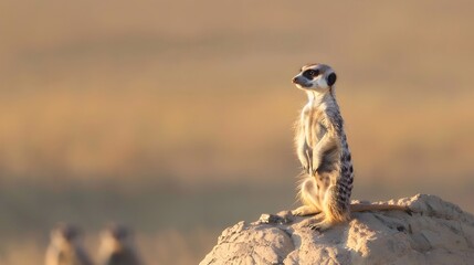 Fototapeta premium Curious Meerkat Standing Upright on Rock Scanning the Horizon in Alert Pose