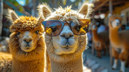 Obraz premium Charming Alpacas in Sunglasses Relaxing in Cozy Farmyard