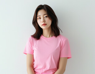 Fototapeta premium Beautiful Asian woman wearing a pink t-shirt on a white background