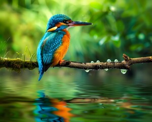 Fototapeta premium Vibrant Kingfisher Perched Over River with Colorful Plumage