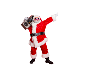 Full body photo of funny cute santa claus with sound boom disco box dancing wearing style eyeglasses eyewear headwear hat isolated over red background
