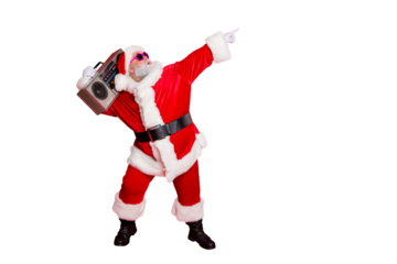 Full length profile side photo of funny santa claus raise his arms dance wear stylish trendy eyewear eyeglasses hat headwear isolated over red background