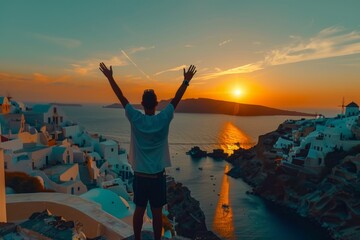 Fototapeta premium Sunset view from a cliff in Santorini with a person celebrating the end of the day by raising their arms