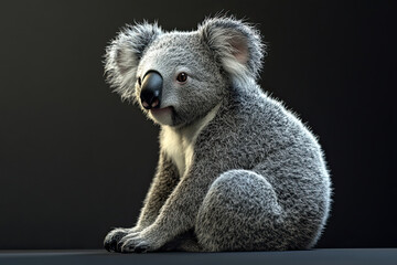 Fototapeta premium Koala sitting against a dark background.