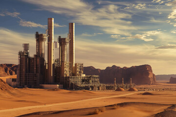 Modern gas power plant is generating electricity in the sahara desert, with its towering structures contrasting against the vast, arid landscape
