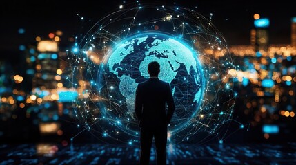 Businessman standing in front of a global network and connectivity concept with an earth globe hologram, a digital technology background for a business plan or online marketing ide