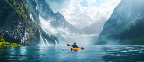 Kayaking in Majestic Mountain Valley with Waterfalls and Fog