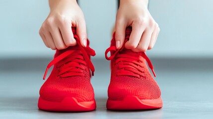 Close up of a woman tying red shoelaces on her sneakers.