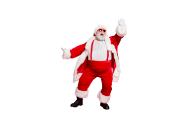 Full size photo of funny fat overweight santa claus with big abdomen raise his arm dance wear style stylish trendy eyeglasses eyewear pants trousers isolated over red background