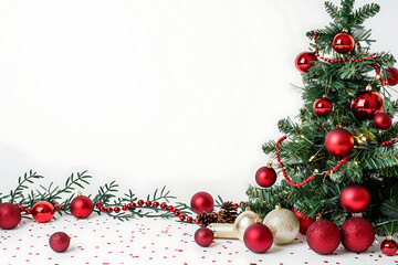 Window decor new year presents Christmas tree interior holiday, Christmas decor home Christmas tree with gifts for the new year, A festive Christmas tree adorned with ornaments stands in a stylish,
