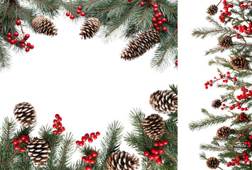 Fototapeta premium Christmas Frame Composition with Pine Tree Branches, Red Berries, and Pine Cones on White Background