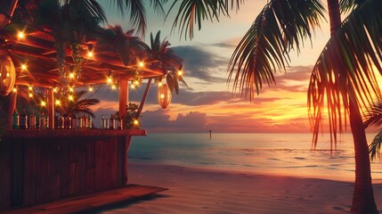 Tropical Island Birthday at Sunset with Tiki Bar and Palm Trees