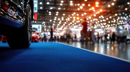 Blurred background of a car show with blue carpet