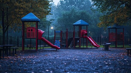 9. An empty playground at dusk, loss of innocence, childhood memories tinged with sadness