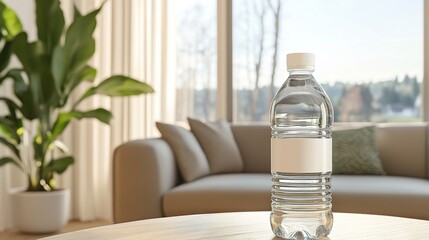 Plastic water bottle with clear liquid, white cap, and blank label in modern living room setting.