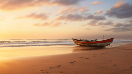 Fototapeta premium sun umbrella and lounge chairs at sunset