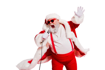 Closeup photo of funny funky wild vocalist screaming in microphone wearing fur coat gloves suspenders isolated bright background
