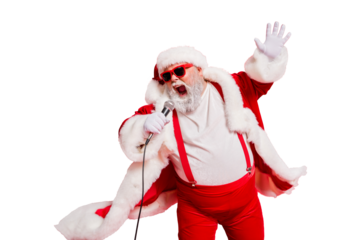 Closeup photo of funny funky wild vocalist screaming in microphone wearing fur coat gloves suspenders isolated bright background