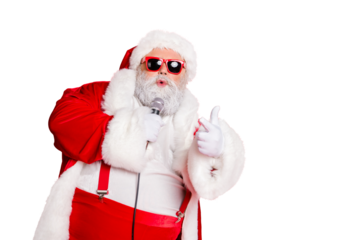 Photo of modern having sweet timbre masculine voice fat grandfather feeling good on stage performing new track saying congratulations cheering motivating you up isolated bright background