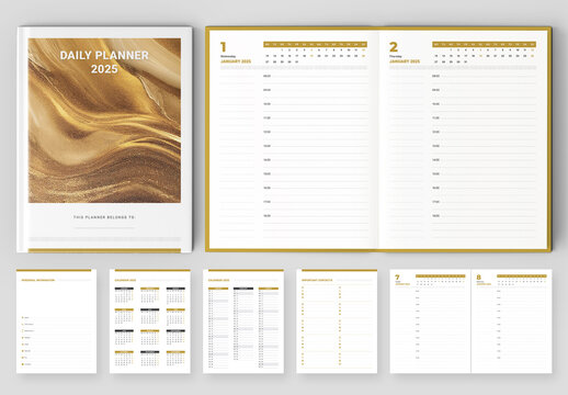 Daily Planner 2025 Layout with Golden Accents