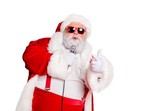 Photo of modern having sweet timbre masculine voice fat grandfather feeling good on stage performing new track saying congratulations cheering motivating you up isolated bright background