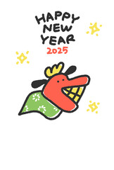 手描きのシンプルで可愛い獅子舞の年賀状　2025