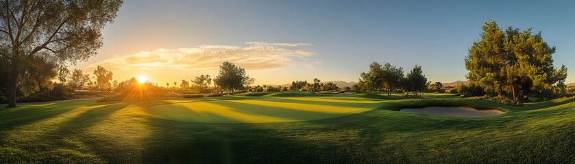 Sunrise Golf Course Landscape with Green Grass and Trees
