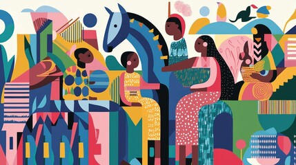 Bright and colourful illustrations of a variety of people, including a man, woman, children and a horse. The figures appear to interact within an abstract environment, with a mix of geometric shapes 