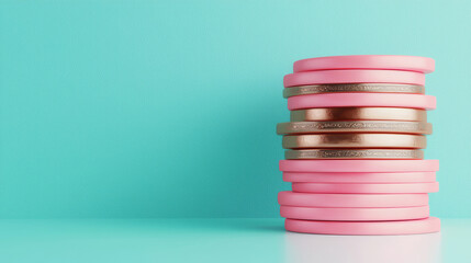 A vibrant stack of colorful coins against a teal background, perfect for financial themes and monetary concepts.