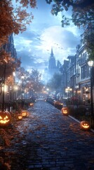 Naklejka premium A deserted city street during Halloween overgrown with vines