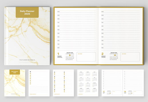 Daily Planner 2025 Layout with Golden Accents
