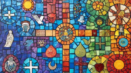 Fototapeta premium A vibrant mosaic of religious symbols, each representing a different faith, forming a cohesive whole.