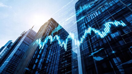 Stock market chart overlayed on skyscrapers, symbolizing financial growth and urban development.
