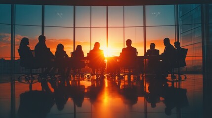 Silhouettes of Business People in a Meeting at Sunset