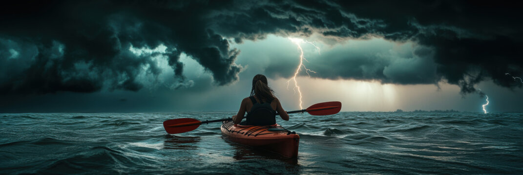 A person kayaking in sea water with lightning strick