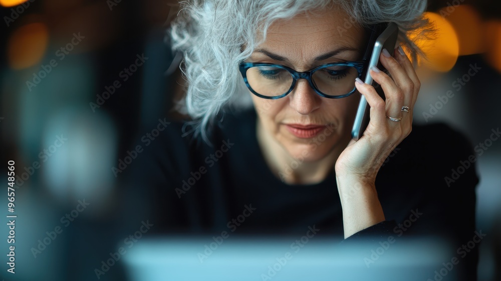 Wall mural a mature woman with white hair and glasses, talking on the phone while focused on her laptop screen,