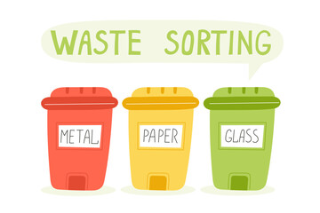 Recycling Bins for Paper, Metal, and Glass with Waste Sorting Message