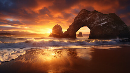 beach at sunset with a rock arch 