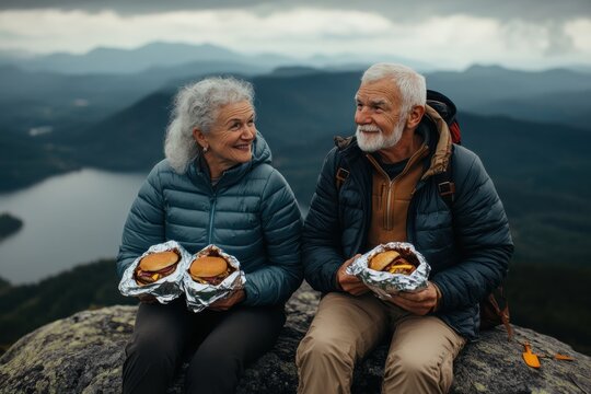 An elderly couple in outdoor gear, sitting atop a mountain and enjoying sandwiches together, epitomizing a sense of adventure, companionship, and natural beauty. - Powered by Adobe