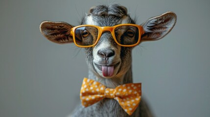 Goat in Shades and Bow Tie Sticking Out Tongue on White Background