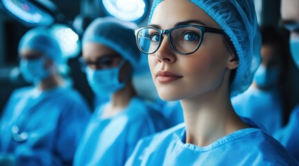 A group of doctors and nurses in an operating room, focused on performing medical procedures. A female doctor with glasses is dressed in blue scrubs and wearing a surgical cap