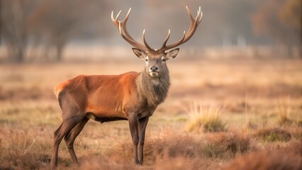 Fototapeta premium Male red deer stag standing in a field
