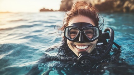 Naklejka premium Portrait of a smiling female with scuba diving gear in sea water