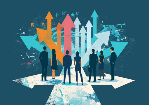 Business Team Facing Multiple Directional Arrows Representing Decision-making and Strategic Choices Concept, Minimalistic Vector Illustration, Daytime Office Environment