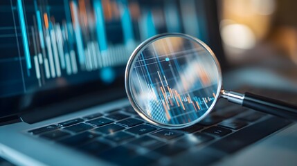Magnifying glass on laptop, enhancing view of the screen elements