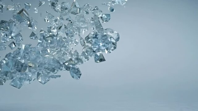 Clear glass shards suspended mid-air against a cool blue background, creating a dynamic scene of shattered fragments