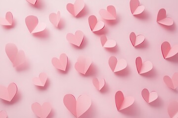 Scattered Pink Paper Hearts on Pastel Background for Valentines Day