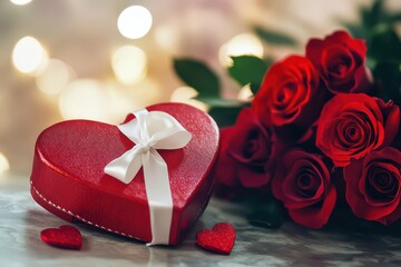 Red Heart Gift Box with Roses for Valentines Day